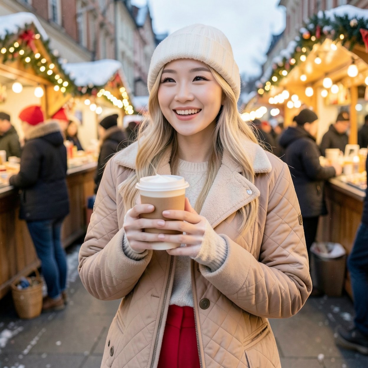 Close-up of a beautiful smiling Chinese woman with blonde hair and a lovely chest, wearing a quilted coat and red pants, a white hat, holding a hot chocolate in her hands and enjoying the magic of Christmas at the Christmas market.