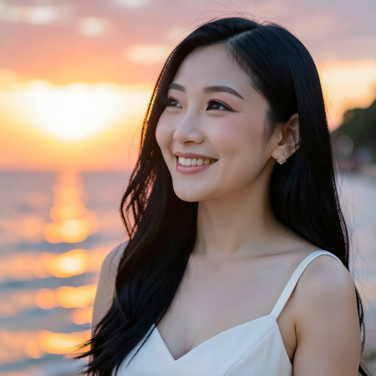 Close-up of a beautiful, smiling Chinese woman with long black hair and a lovely figure, wearing a dress and watching the sunrise.