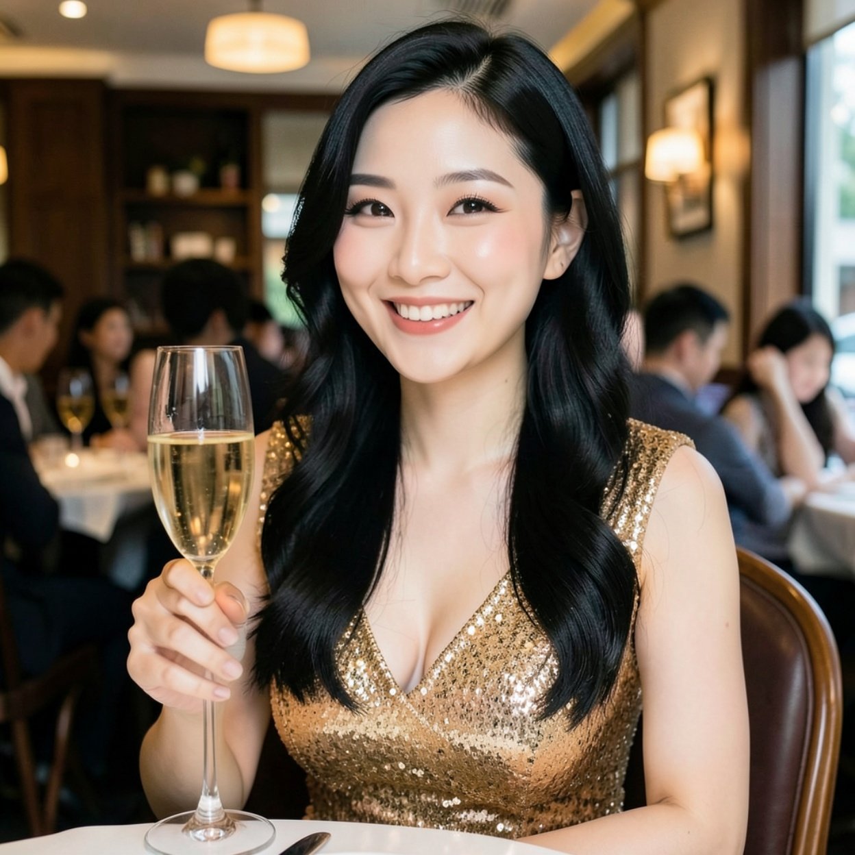 Close-up of a beautiful, smiling Chinese woman with long black hair and a lovely figure, wearing a gold sequined dress in a restaurant with a champagne flute