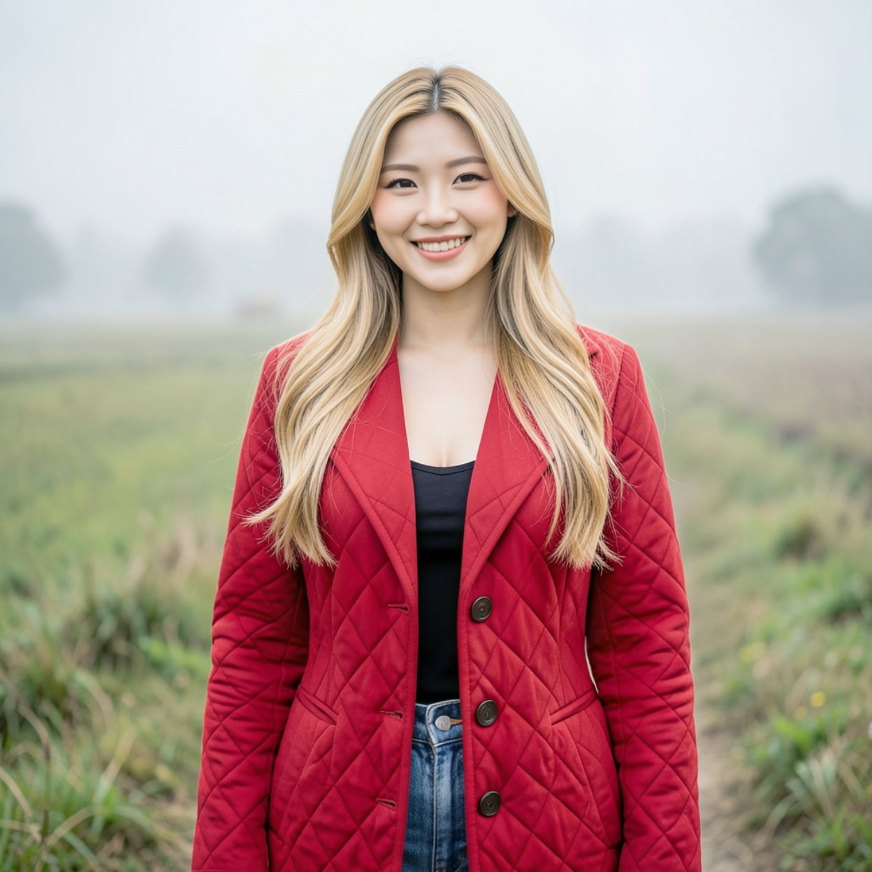 Close-up of a beautiful smiling Chinese woman with long blonde hair and a lovely bust, wearing a red quilted coat and jeans in the countryside mist.