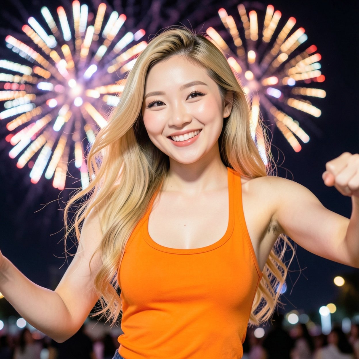Close-up of a beautiful, smiling Chinese woman with long blonde hair and a lovely figure, wearing a bright orange tank top, dancing in front of fireworks.