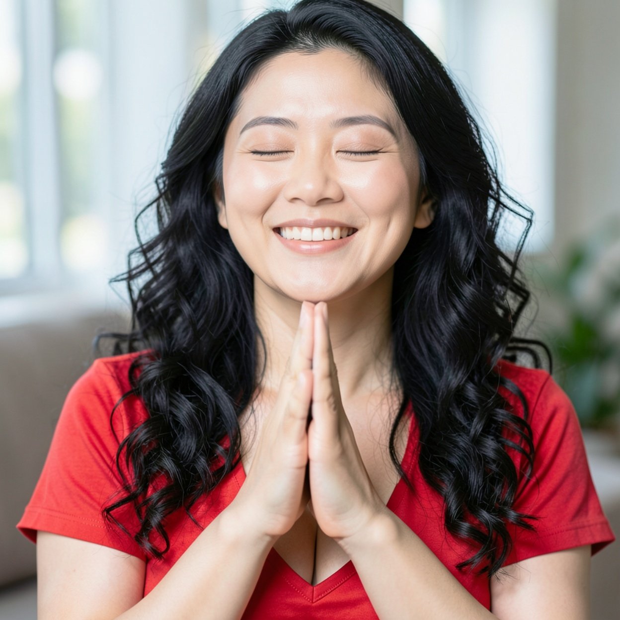 Close-up of a beautiful smiling Chinese woman with long curly black hair, a lovely bust, wearing a flashy red t-shirt with a low neckline, practicing conscious breathing for relaxation and well-being.