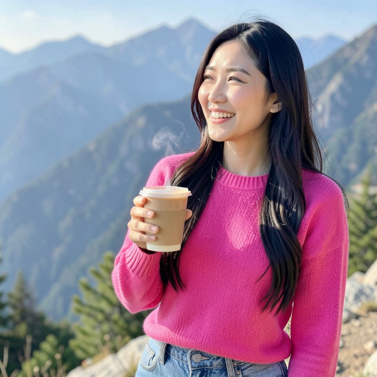 Close-up of a beautiful smiling Chinese woman with long hair, a lovely bust, wearing a bright pink sweater and jeans, holding a hot chocolate, looking at the mountain.