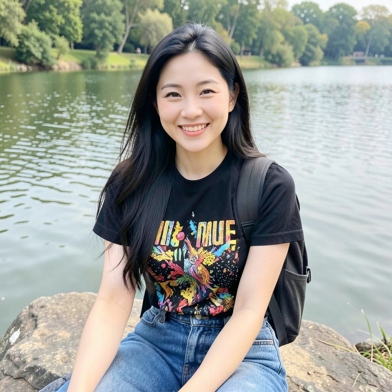 Close-up of a beautiful, smiling Chinese woman with long hair, a lovely bust, wearing a flashy black t-shirt, jeans, and a backpack, sitting on a rock near a lake.