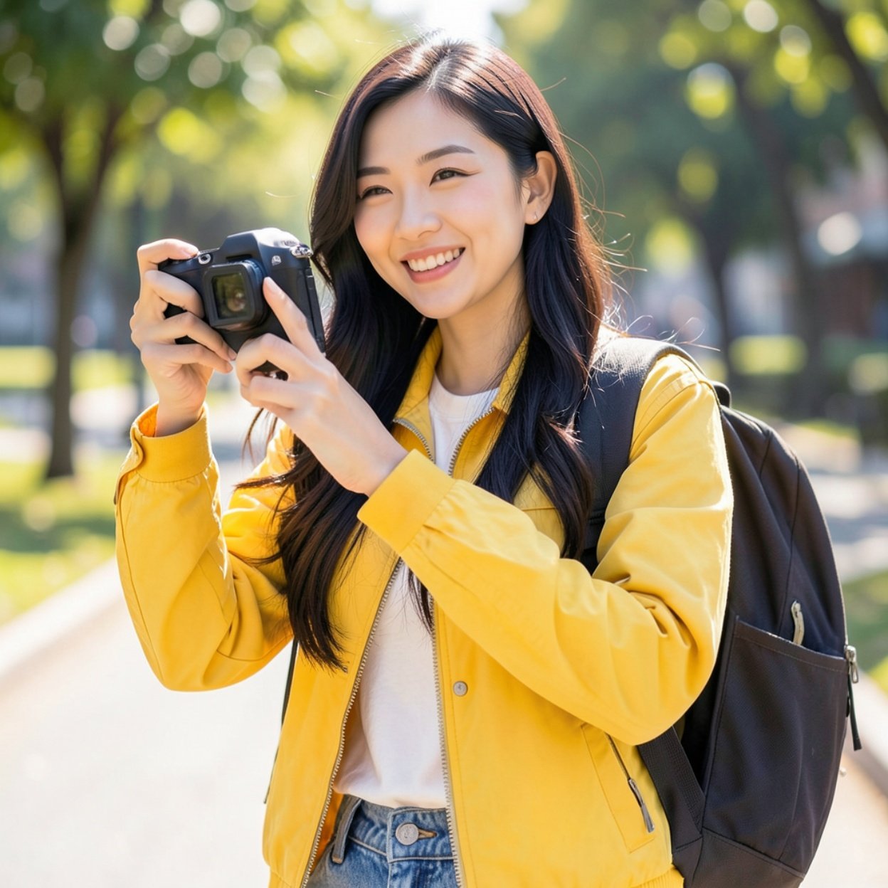 Close-up of a beautiful, smiling Chinese woman with long hair, a lovely figure, wearing a yellow jacket, backpack, and jeans, photographing in the sun.