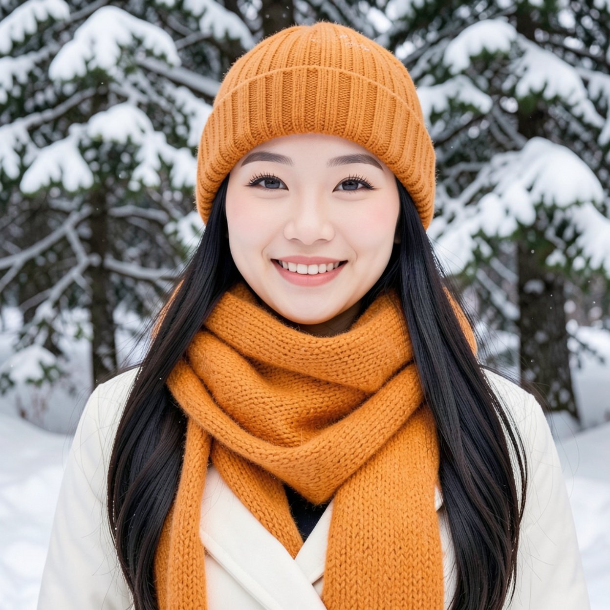 Close-up of a beautiful smiling Chinese woman with long hair, a lovely figure, wearing an orange wool scarf, a wool cap, and a white coat, outside with snow-covered trees.