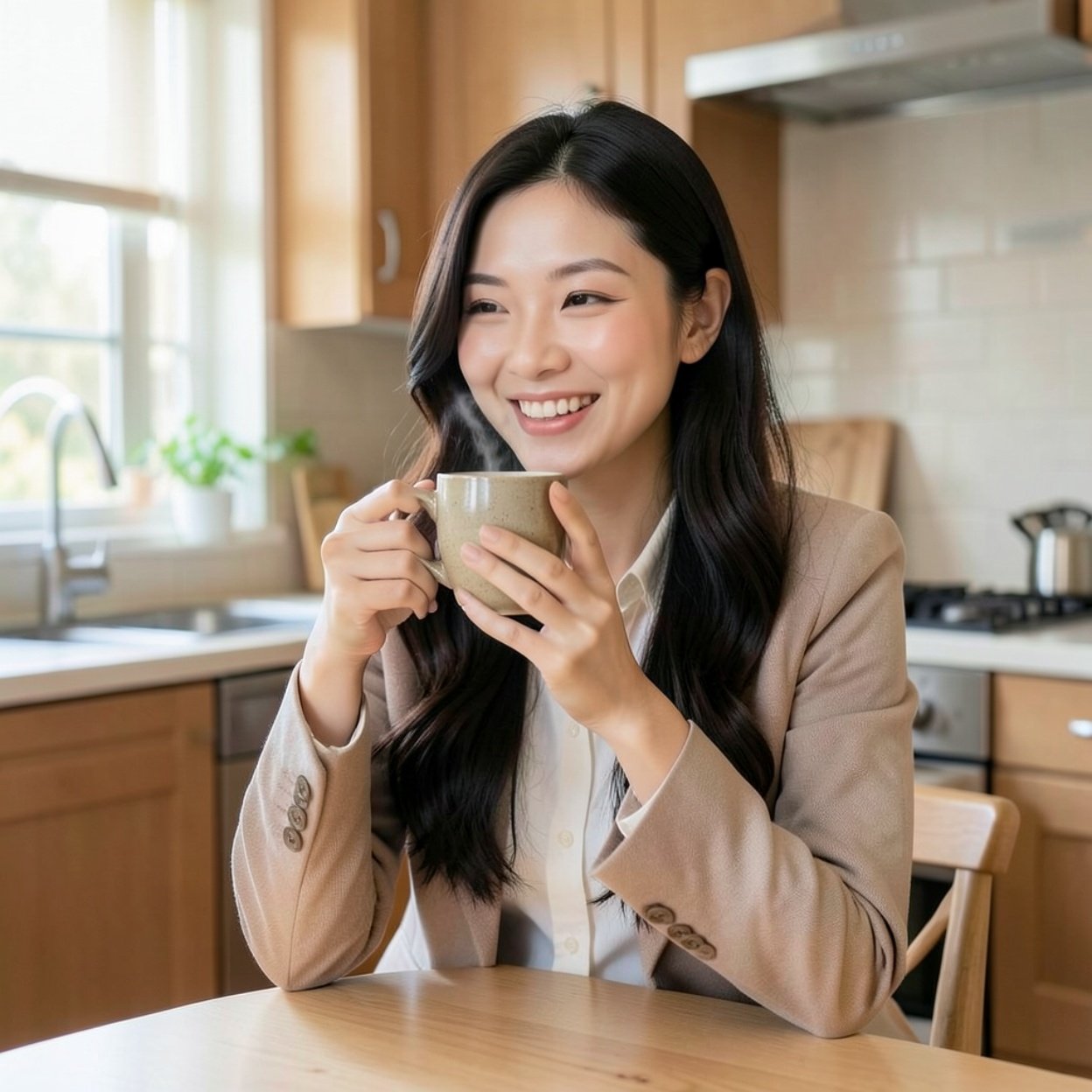 Close-up of a beautiful, smiling Chinese woman with long hair, a lovely figure, well-dressed, drinking hot chocolate in her kitchen.
