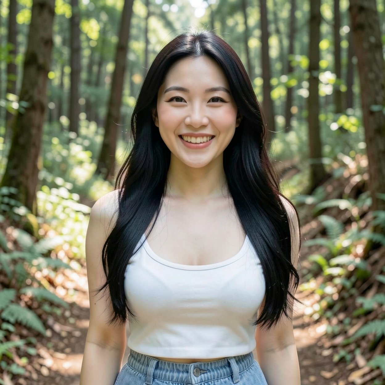 Close-up of a beautiful smiling Chinese woman with long hair and a beautiful bust walking along a path in the forest.