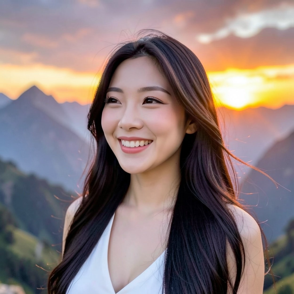 Close-up of a beautiful smiling Chinese woman with long hair and a beautiful bust, watching the sunset in the mountains.