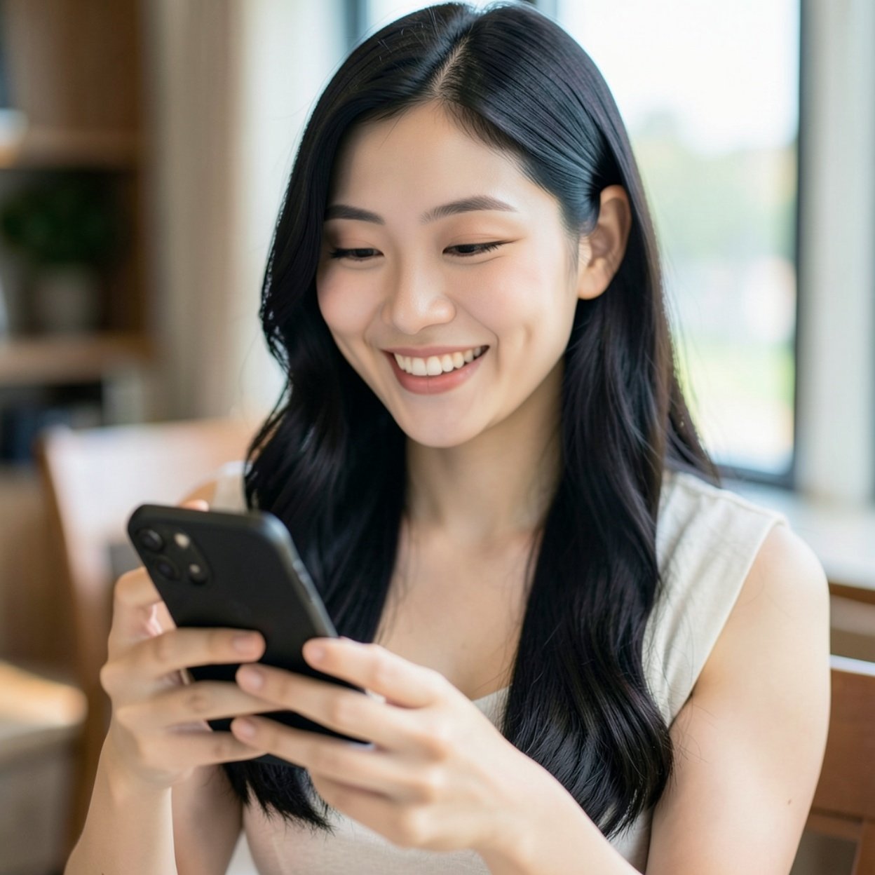 Close-up of a beautiful smiling Chinese woman with long hair and a lovely bust, checking her messages on her phone.