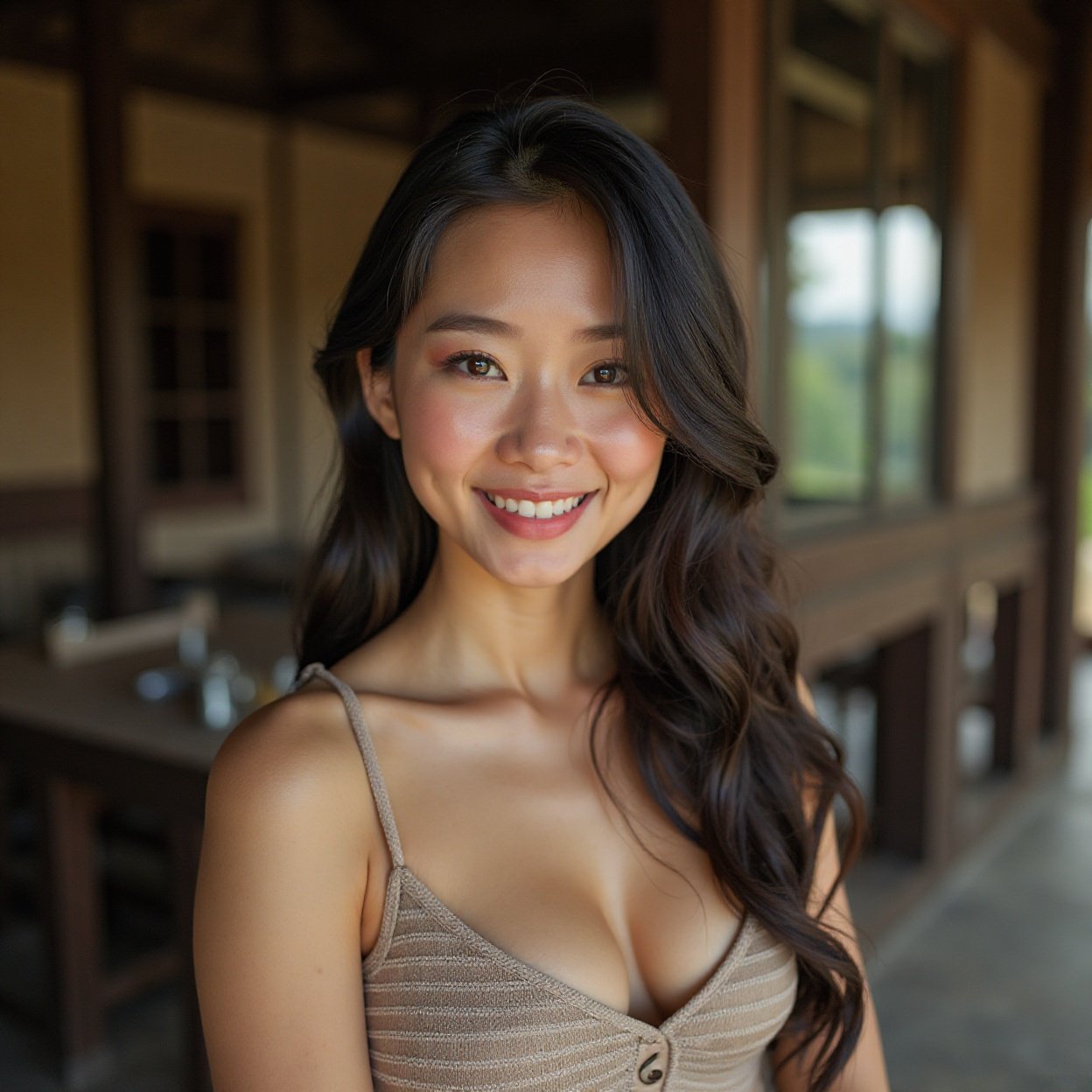 Close-up of a beautiful, smiling Chinese woman with long hair and a lovely bust, in a country house