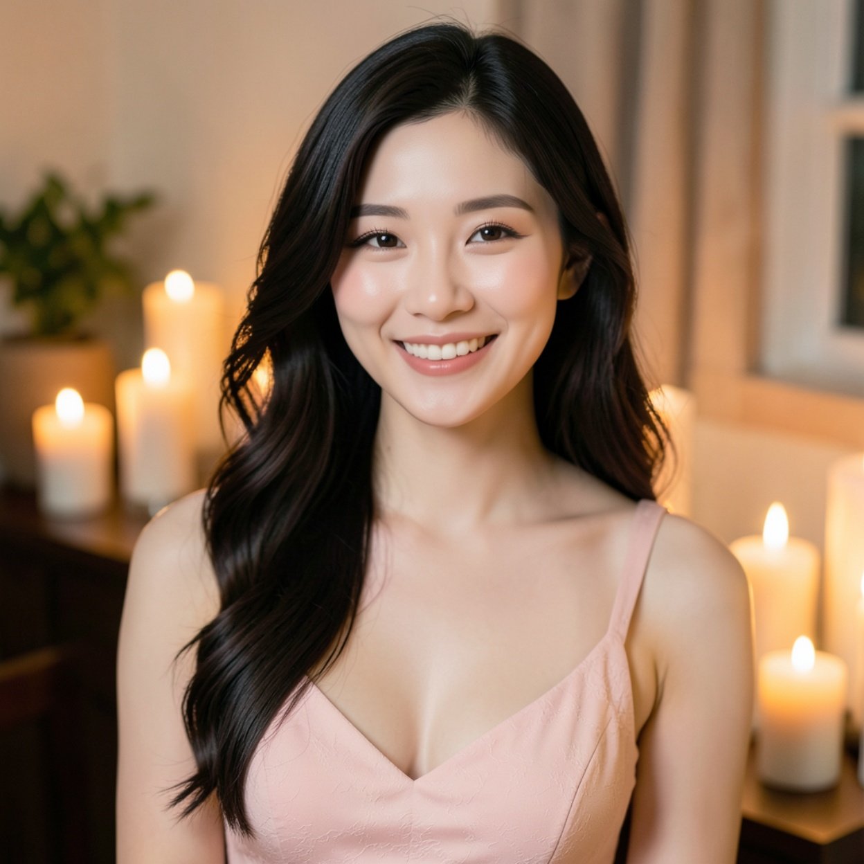 Close-up of a beautiful smiling Chinese woman with long hair and a lovely bust in an interior with warm candles, creating a feeling of sweetness.