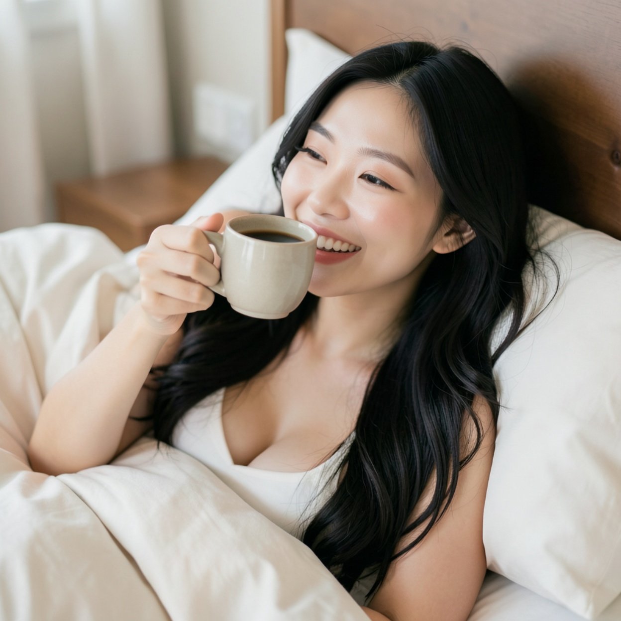 Close-up of a beautiful, smiling Chinese woman with long hair and a lovely bust, lying in bed drinking coffee.