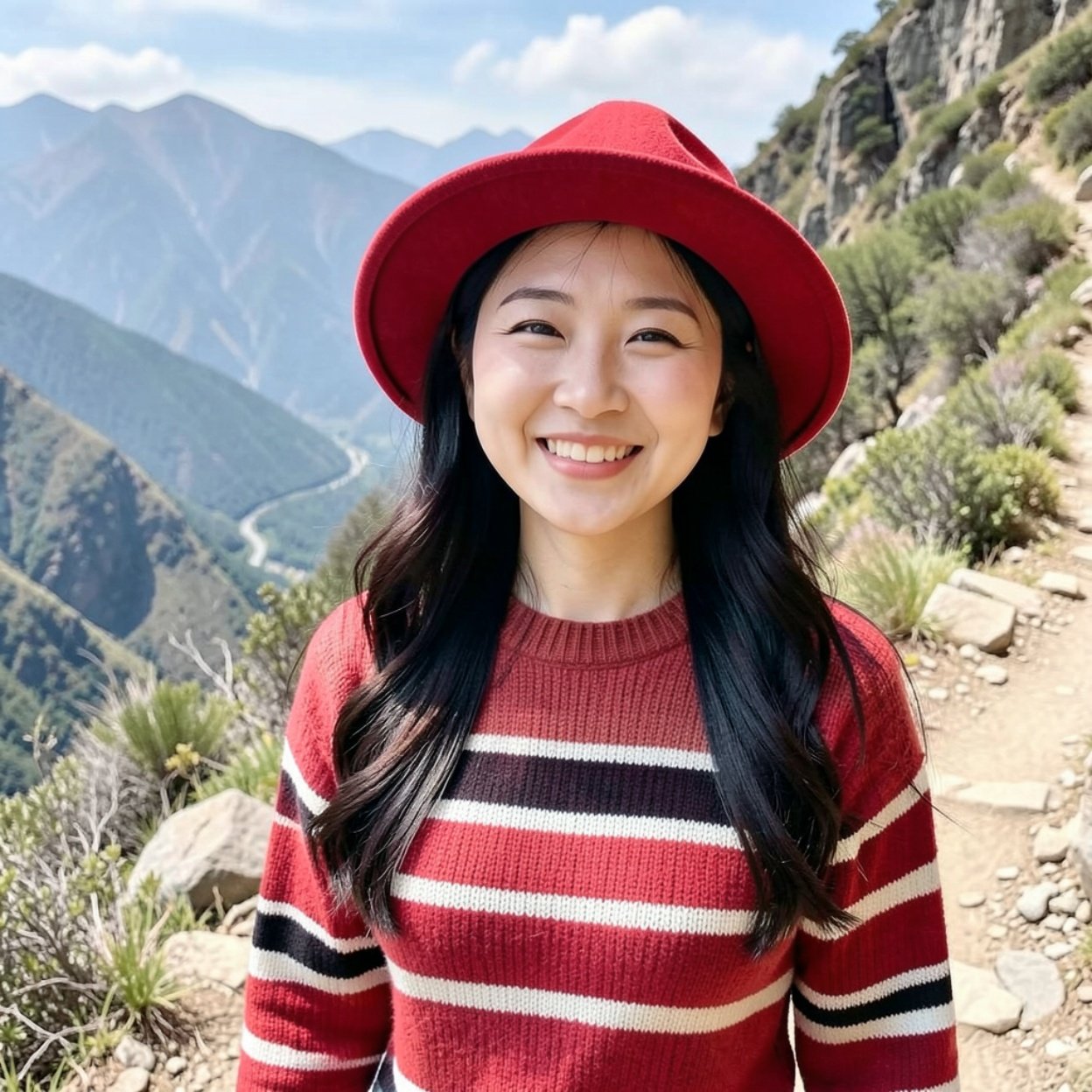 Close-up of a beautiful smiling Chinese woman with long hair and a lovely bust, wearing a red hat and a striped sweater, walking on a mountain path.