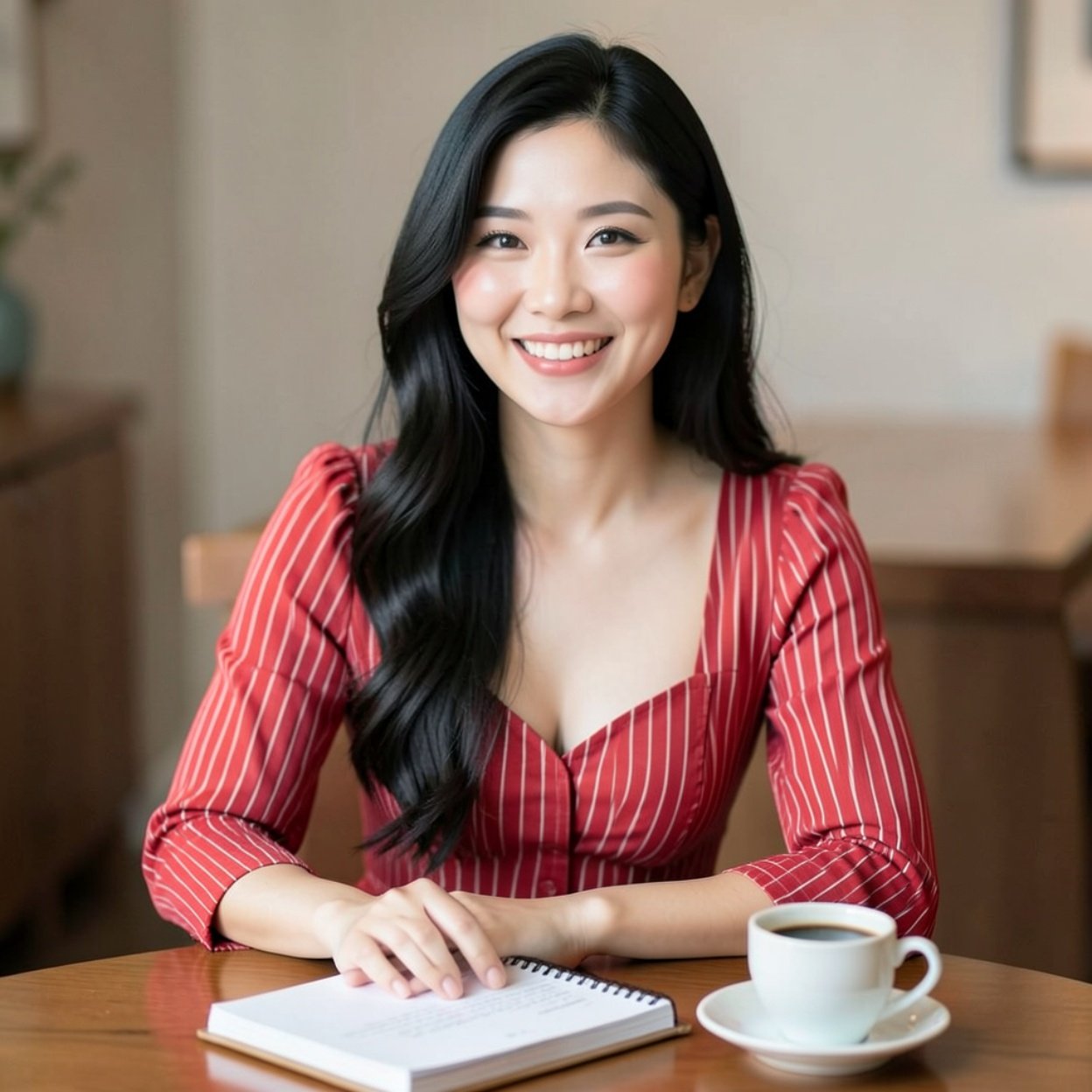 Close-up of a beautiful smiling Chinese woman with long hair and a lovely bust, wearing a red striped dress, sitting with her diary on the table next to her cup of coffee.