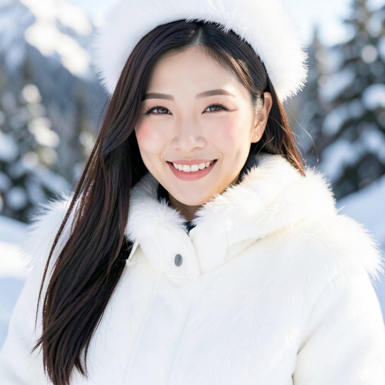 Close-up of a beautiful smiling Chinese woman with long hair and a lovely bust, wearing a white fur-lined ski outfit.