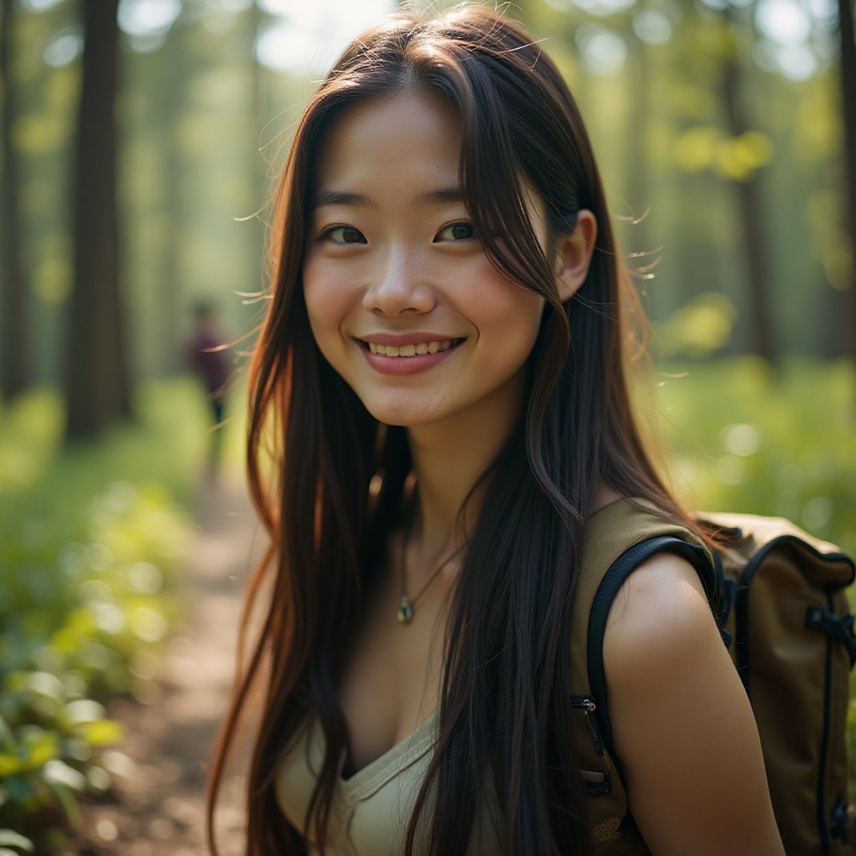 Close-up of a beautiful, smiling Chinese woman with long hair and a lovely figure, enjoying a peaceful hike in a wild forest