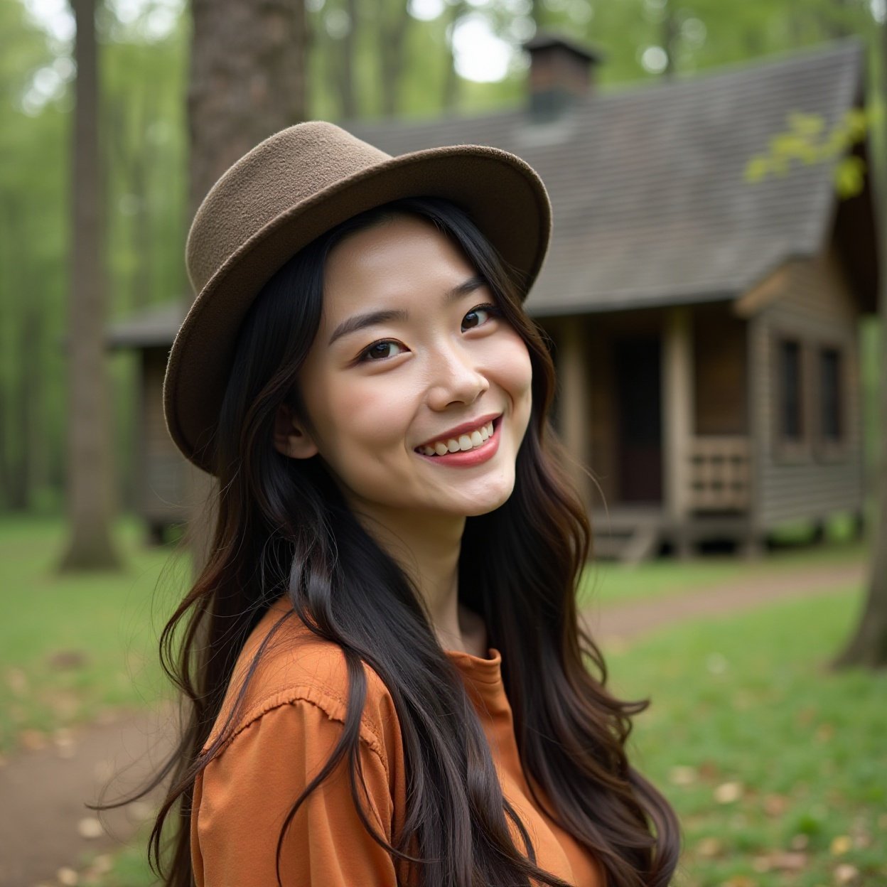 Close-up of a beautiful, smiling Chinese woman with long hair and a lovely figure, enjoying a pleasant weekend in the forest at a beautiful old wooden house.