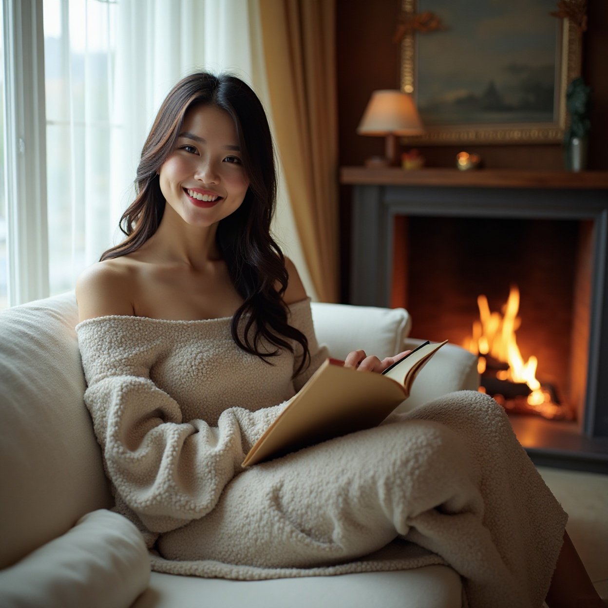 Close-up of a beautiful, smiling Chinese woman with long hair and a lovely figure, reading a book and relaxing by the fireplace and panoramic window at home.