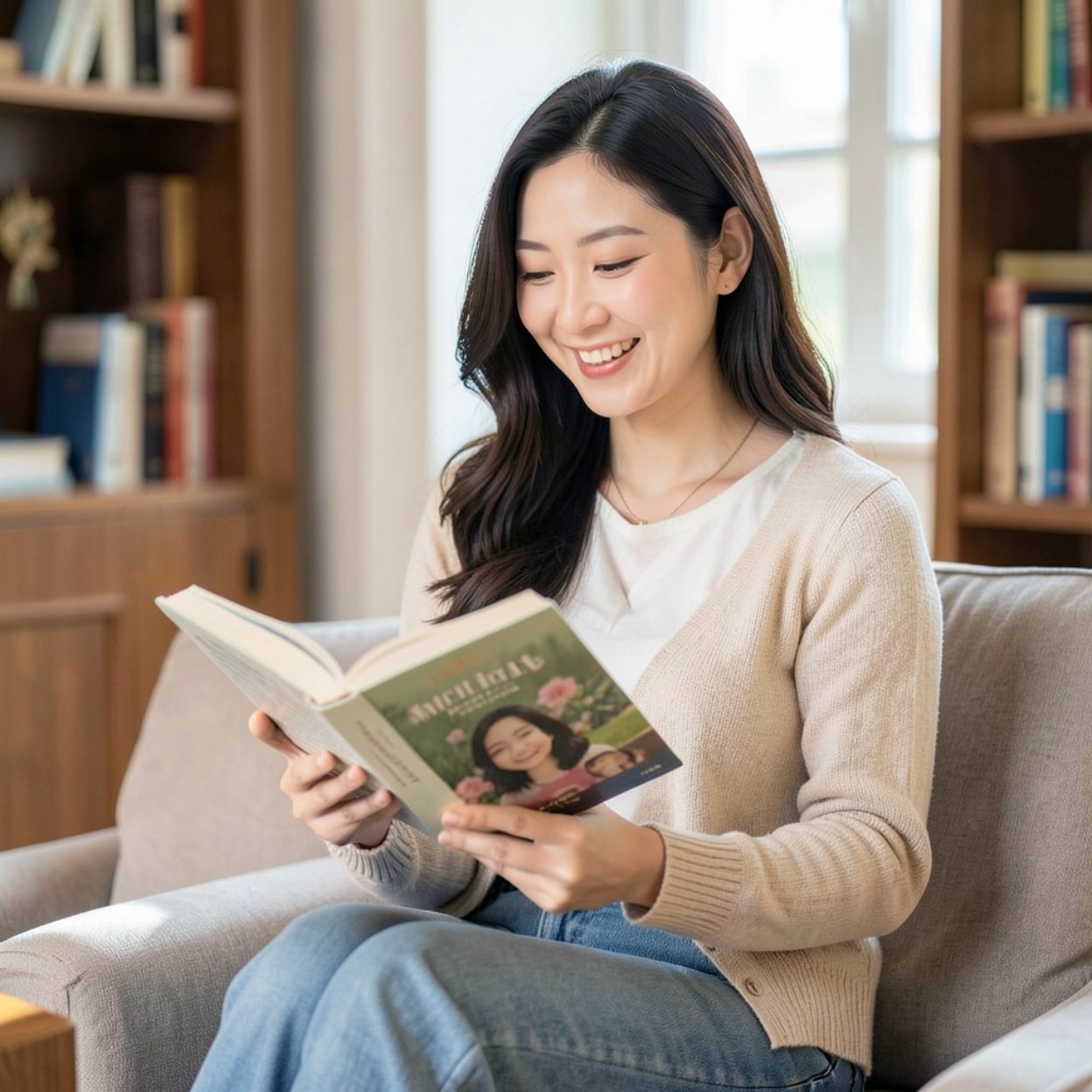 Close-up of a beautiful, smiling Chinese woman with long hair and a lovely figure, reading her favorite book.