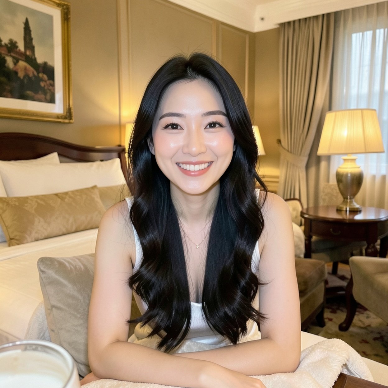 Close-up of a beautiful, smiling Chinese woman with long hair and a lovely figure, relaxing in a luxurious hotel room with elegant decor and a warm atmosphere during a peaceful getaway.