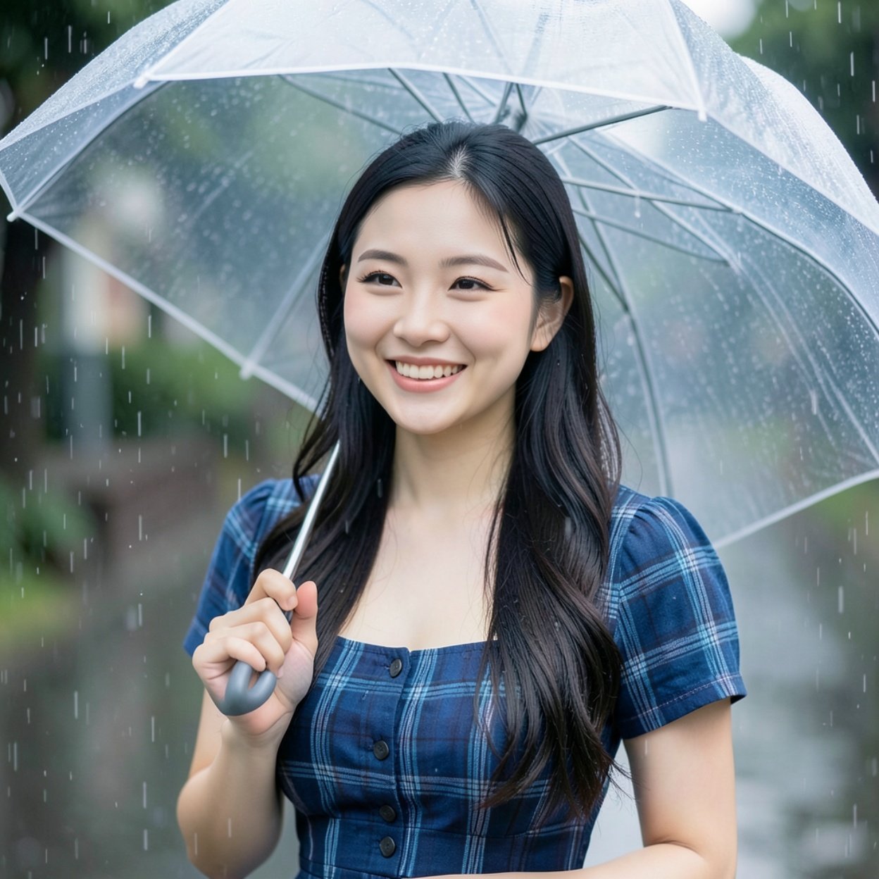 Close-up of a beautiful smiling Chinese woman with long hair and a lovely figure, wearing a blue plaid dress, outside in the rain with her transparent umbrella open.