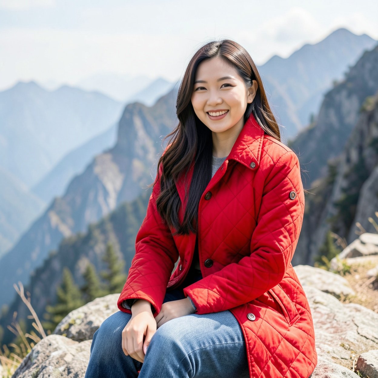 Close-up of a beautiful, smiling Chinese woman with long hair and a lovely figure, wearing a bright red quilted coat and jeans, sitting on a rock high in the mountains.