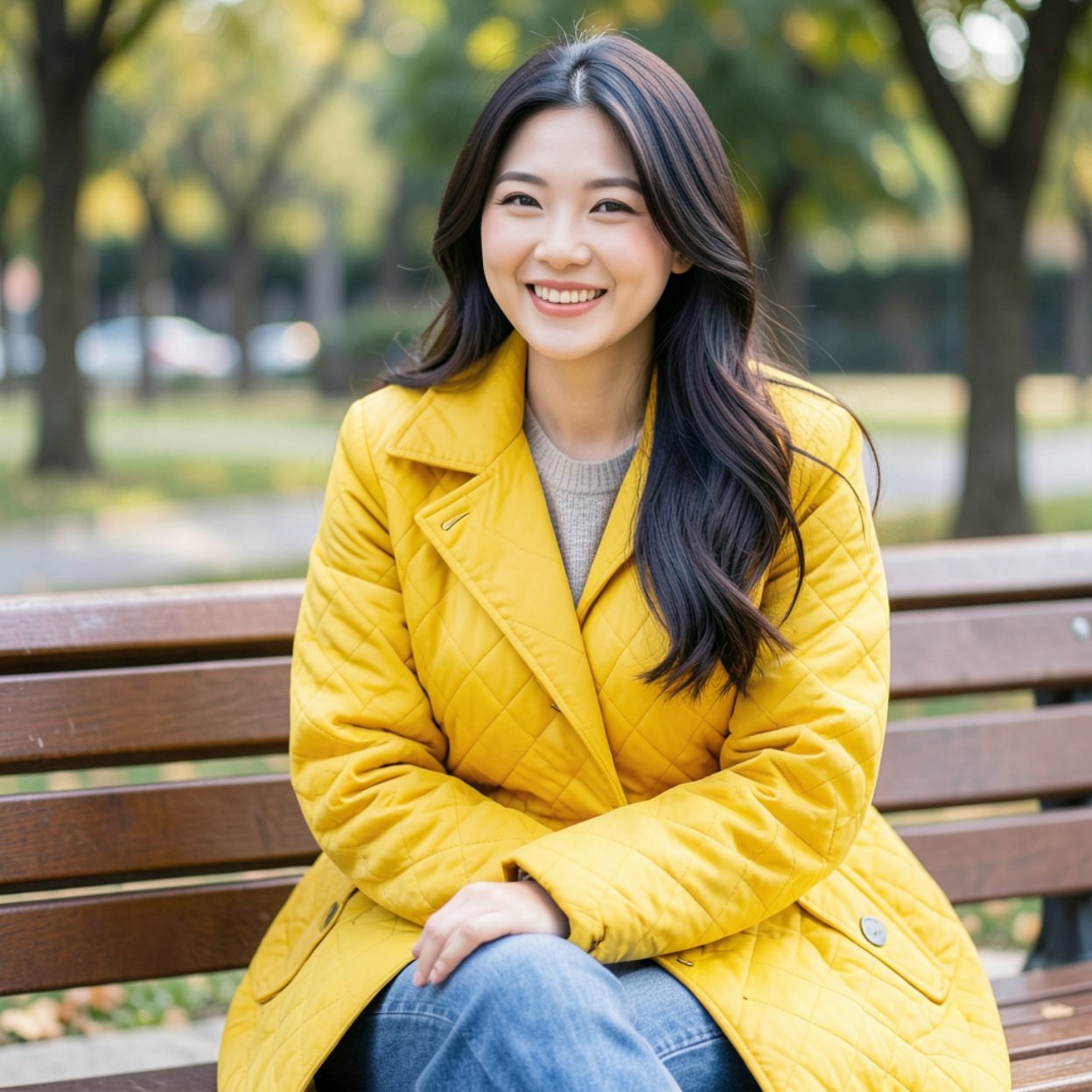 Close-up of a beautiful smiling Chinese woman with long hair and a lovely figure, wearing a bright yellow quilted coat and jeans, reflecting on a bench.