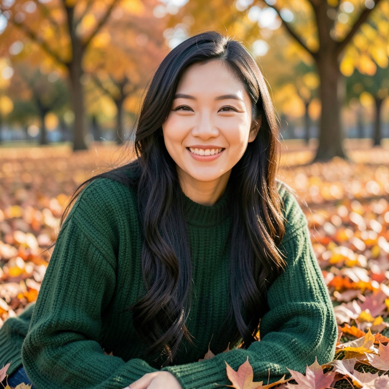 Close-up of a beautiful, smiling Chinese woman with long hair and a lovely figure, wearing a green sweater, relaxing on autumn maple leaves in a park. Indian summer