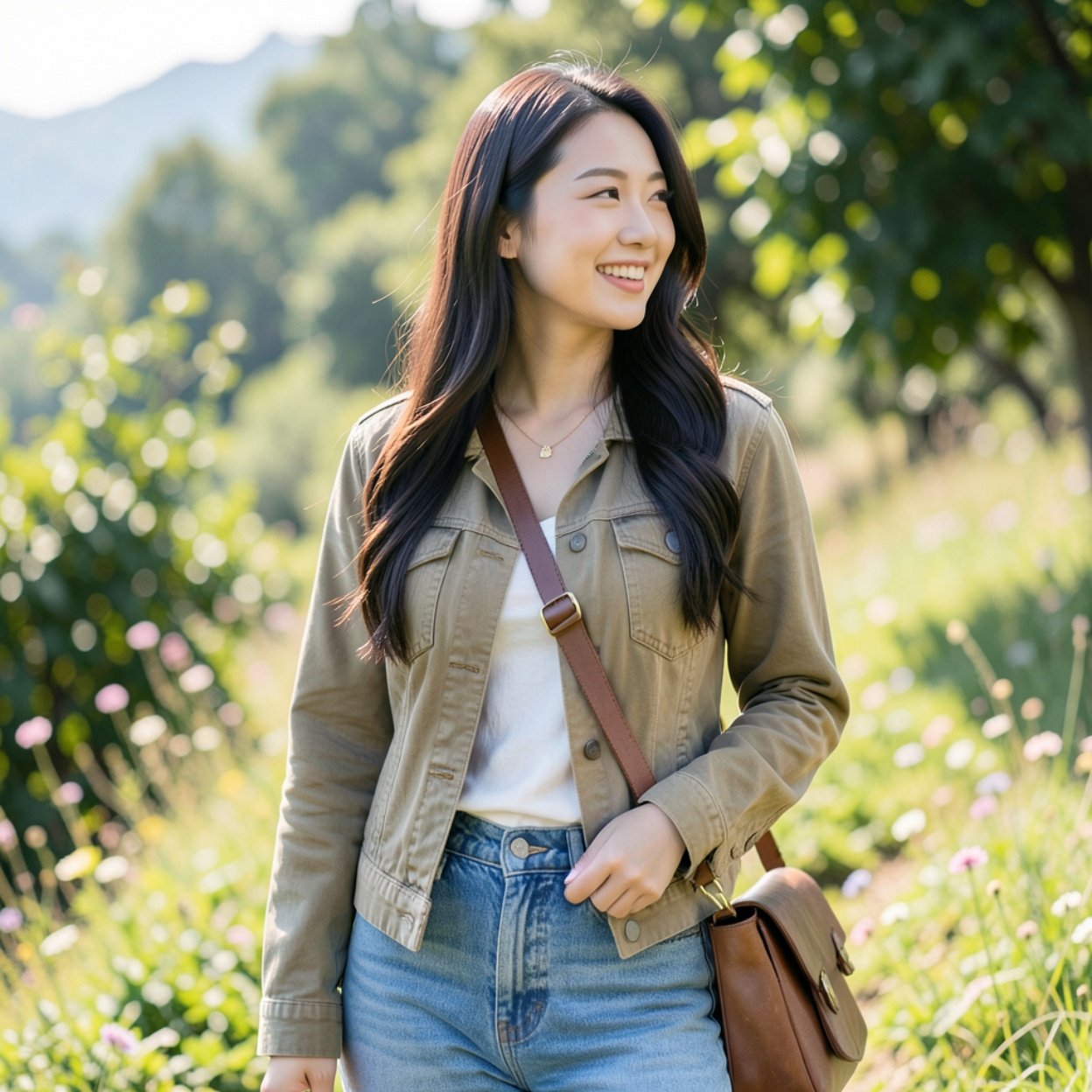 Close-up of a beautiful, smiling Chinese woman with long hair and a lovely figure, wearing a jacket, shoulder bag, and jeans, looking at nature.