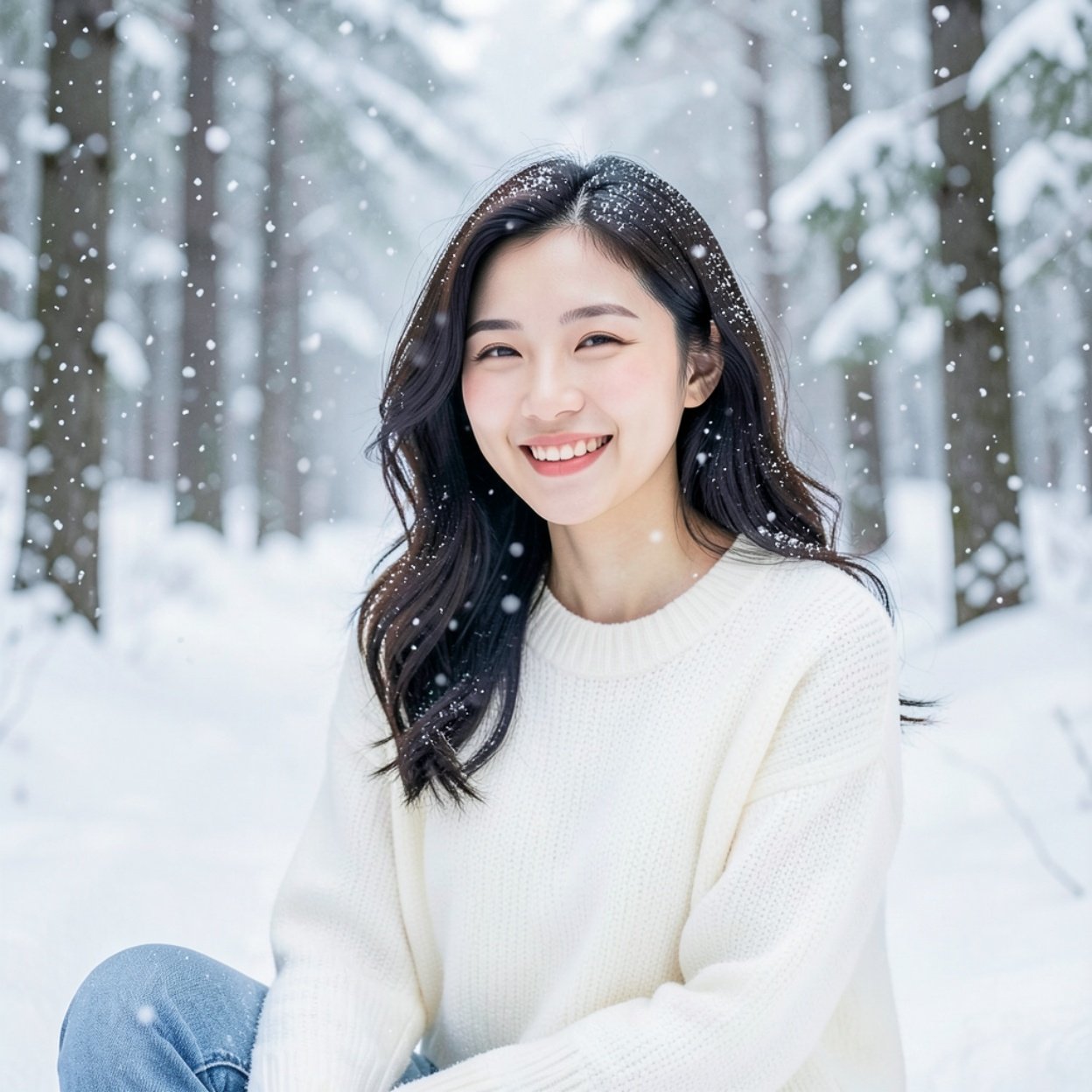 Close-up of a beautiful smiling Chinese woman with lovely hair and a beautiful chest, wearing a comfortable white sweater, sitting in a snowy forest in winter and enjoying the flying snow, the magical atmosphere of winter.