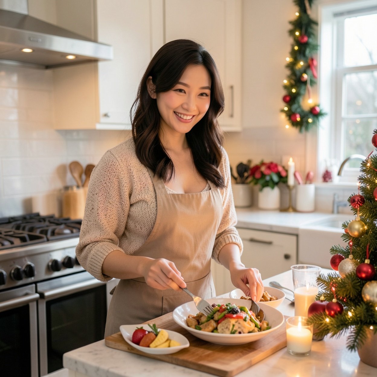 Close-up of a beautiful smiling Chinese woman with lovely hair and breasts in her kitchen preparing Christmas dinner