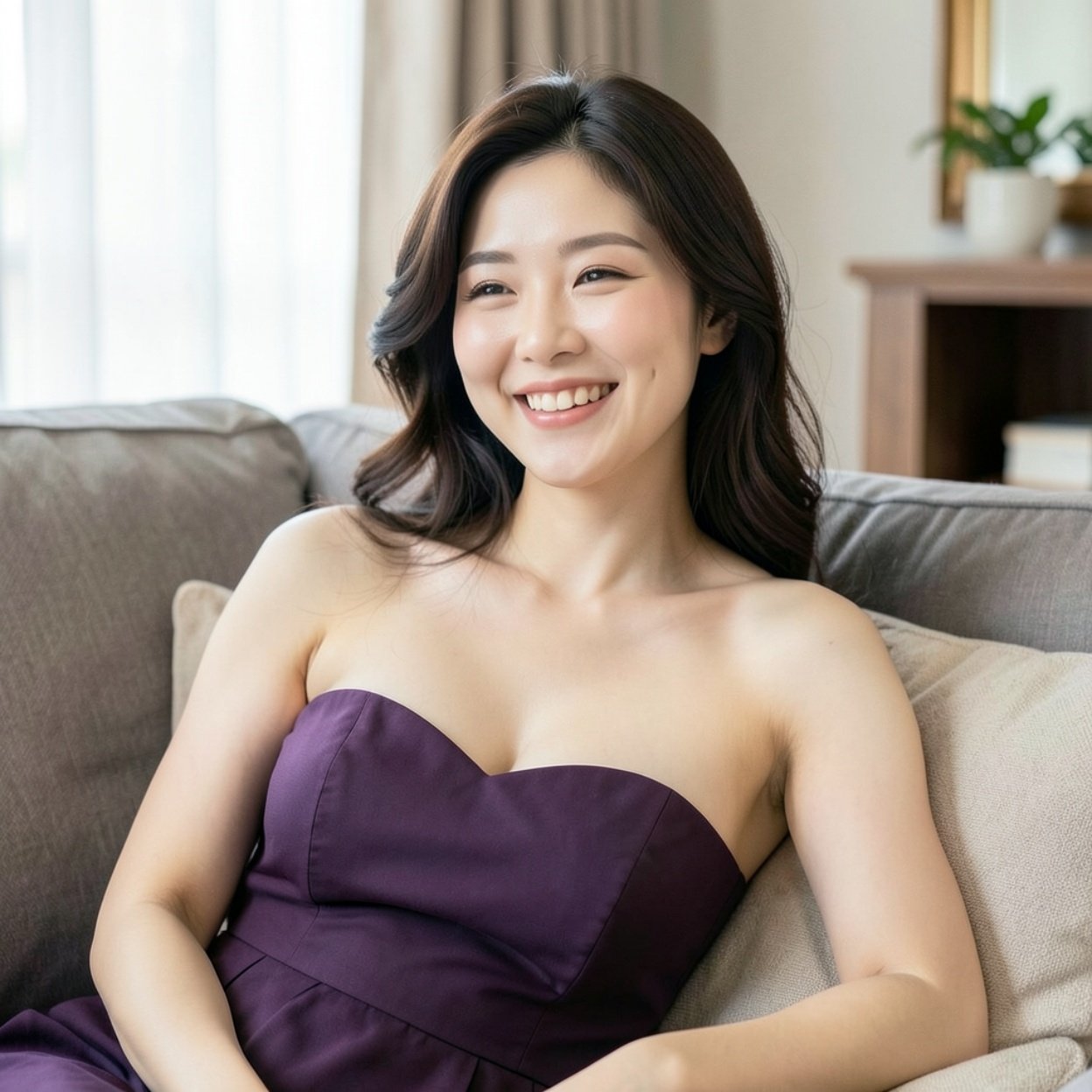 Close-up of a beautiful smiling Chinese woman with lovely hair and breasts, relaxing in the comfort of her home in a purple strapless dress, enjoying tranquility and peace.