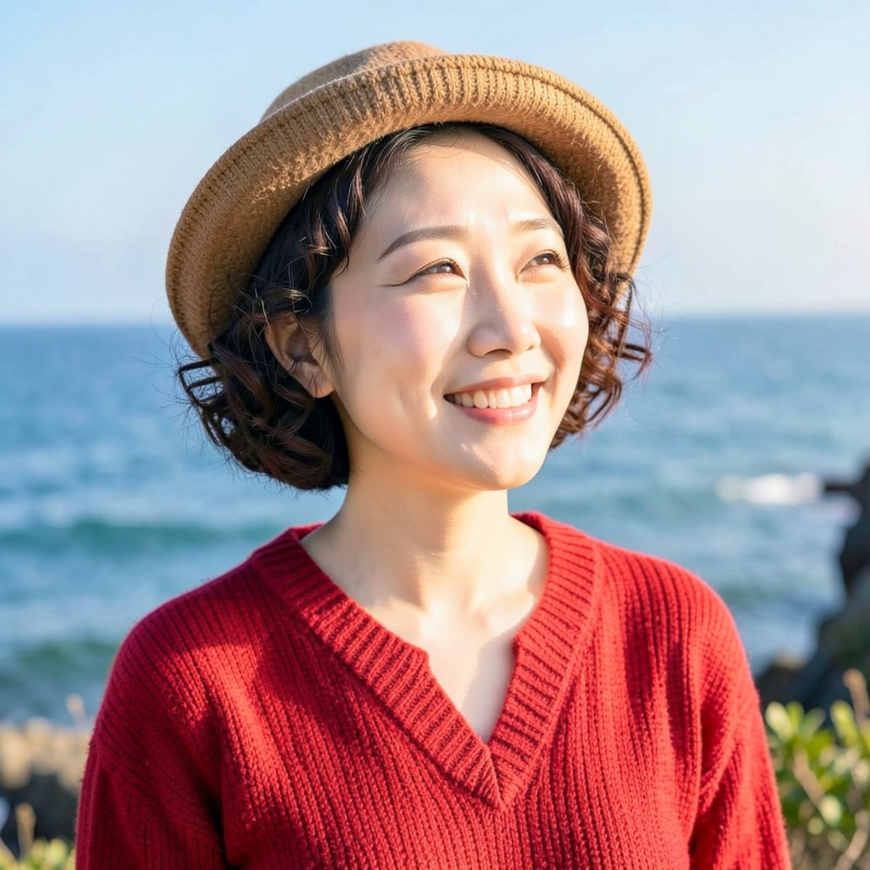 Close-up of a beautiful smiling Chinese woman with short curly hair, a lovely chest, wearing a red sweater and hat, enjoying the fresh air of nature, the sweetness of life, and contemplation by the sea.