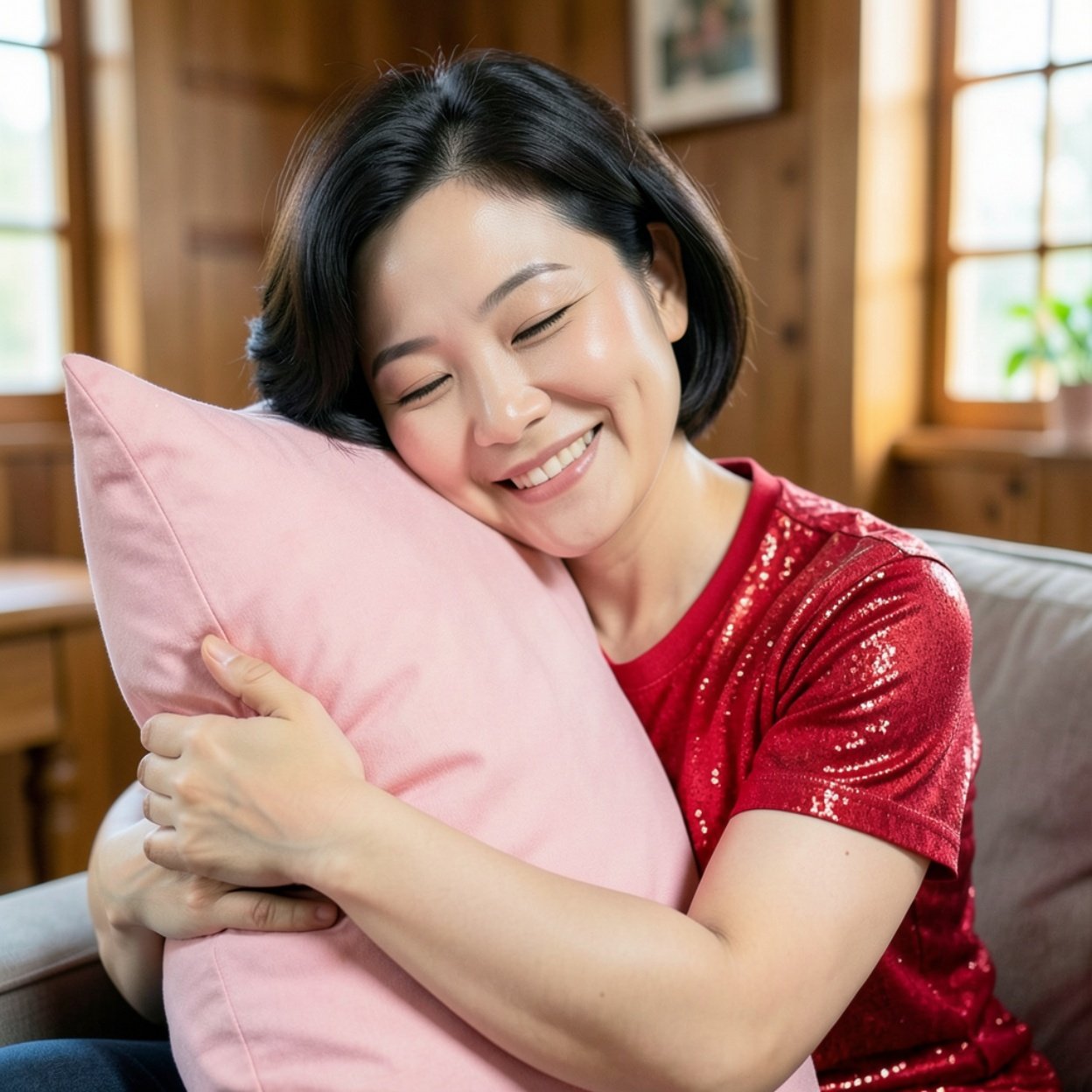 Close-up of a beautiful smiling Chinese woman with short hair, a lovely bust, and a flashy red t-shirt, finding comfort and tranquility by hugging her pink pillow in a comfortable wooden room.