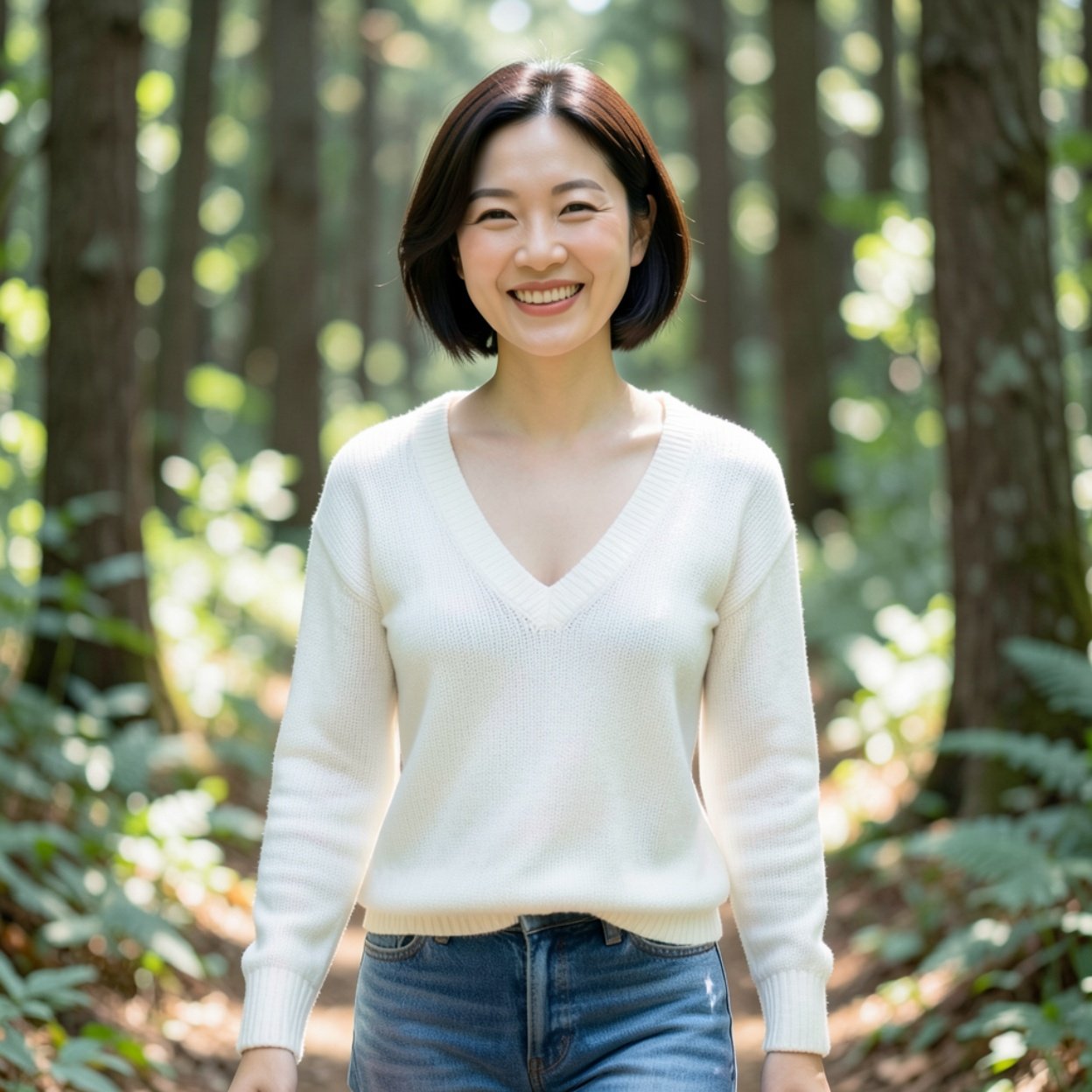 Close-up of a beautiful smiling Chinese woman with short hair, a lovely bust, dressed in a white sweater with a low neckline and jeans, walking in the woods.