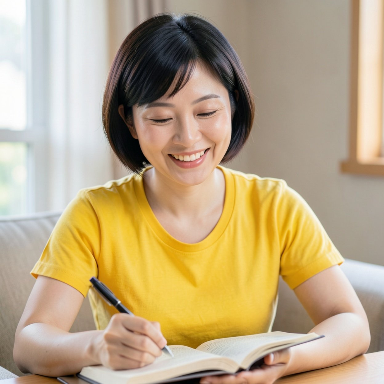 Close-up of a beautiful smiling Chinese woman with short hair, a lovely bust, wearing a bright yellow t-shirt, writing in her journal while relaxing.