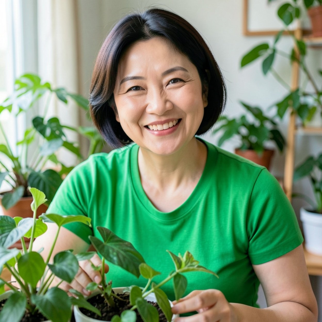 Close-up of a beautiful smiling Chinese woman with short hair, a lovely bust, wearing a flashy green t-shirt, tending to her houseplants.