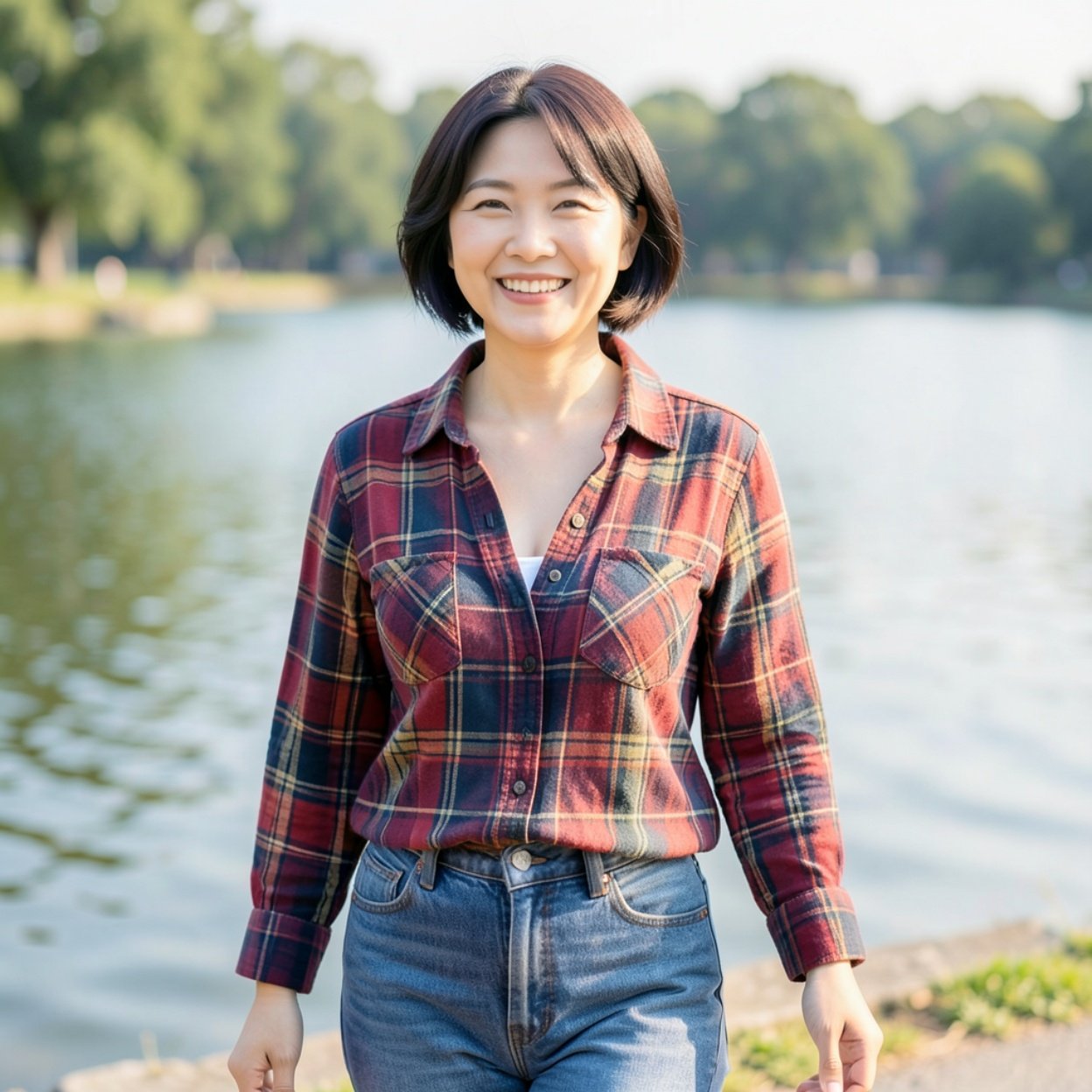 Close-up of a beautiful smiling Chinese woman with short hair, a lovely bust, wearing a plaid shirt with a low neckline and jeans, walking along the lake.