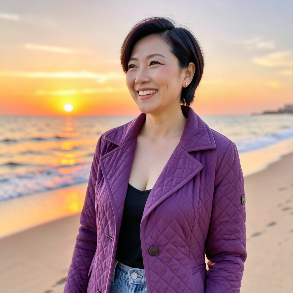 Close-up of a beautiful smiling Chinese woman with short hair, a lovely bust, wearing a purple quilted coat with a low-cut collar and jeans, watching the sunset from the beach.