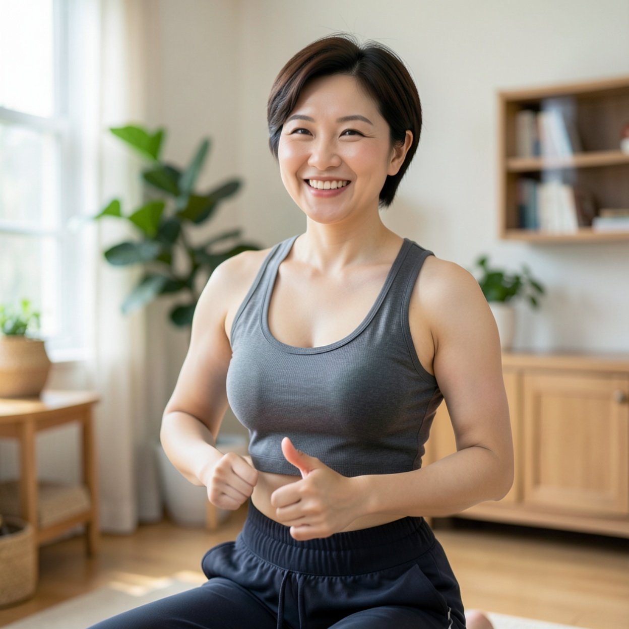 Close-up of a beautiful smiling Chinese woman with short hair and a lovely bust, wearing jogging pants, doing her morning exercises at home.