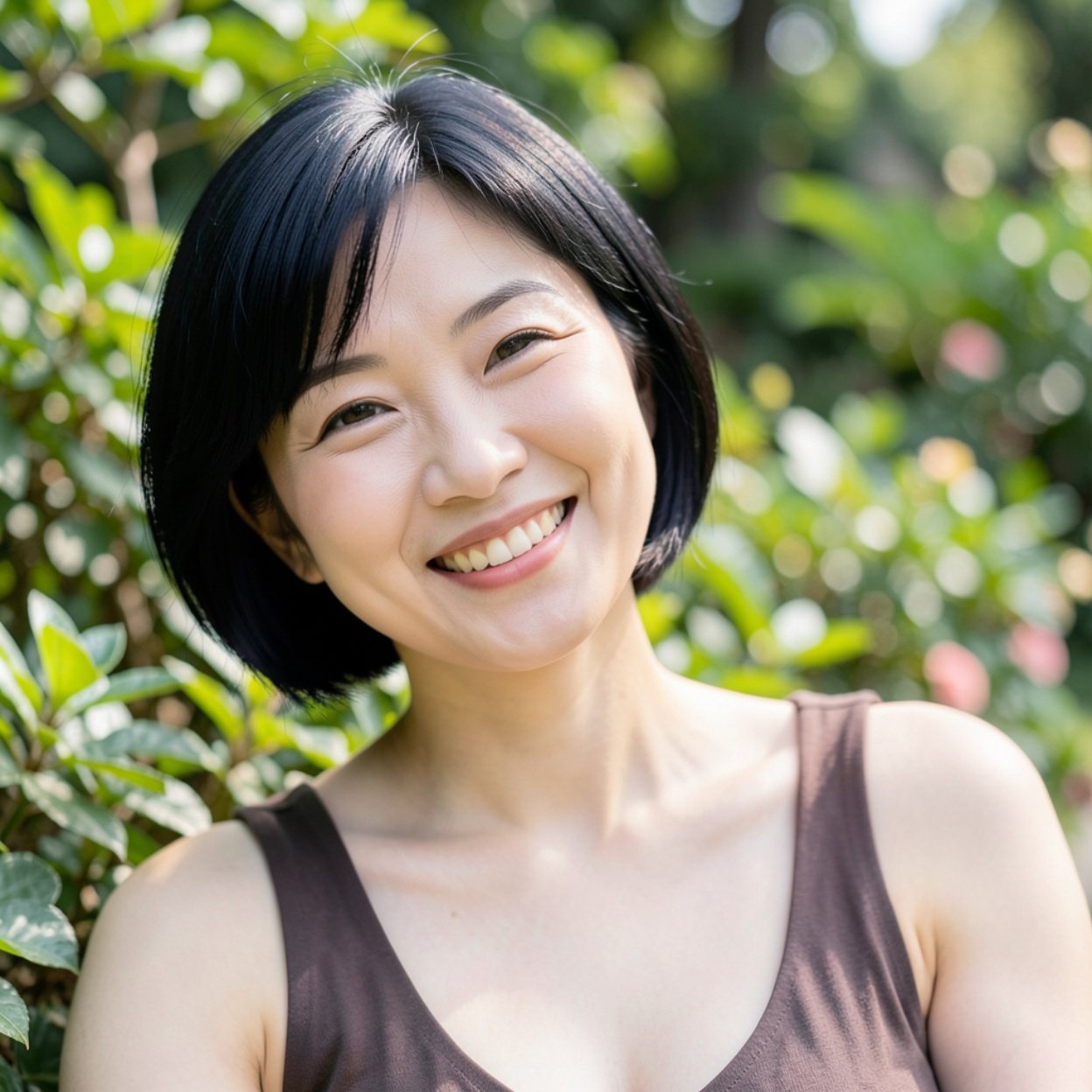 Close-up of a beautiful smiling Chinese woman with very short black hair, a beautiful bust, relaxing in nature