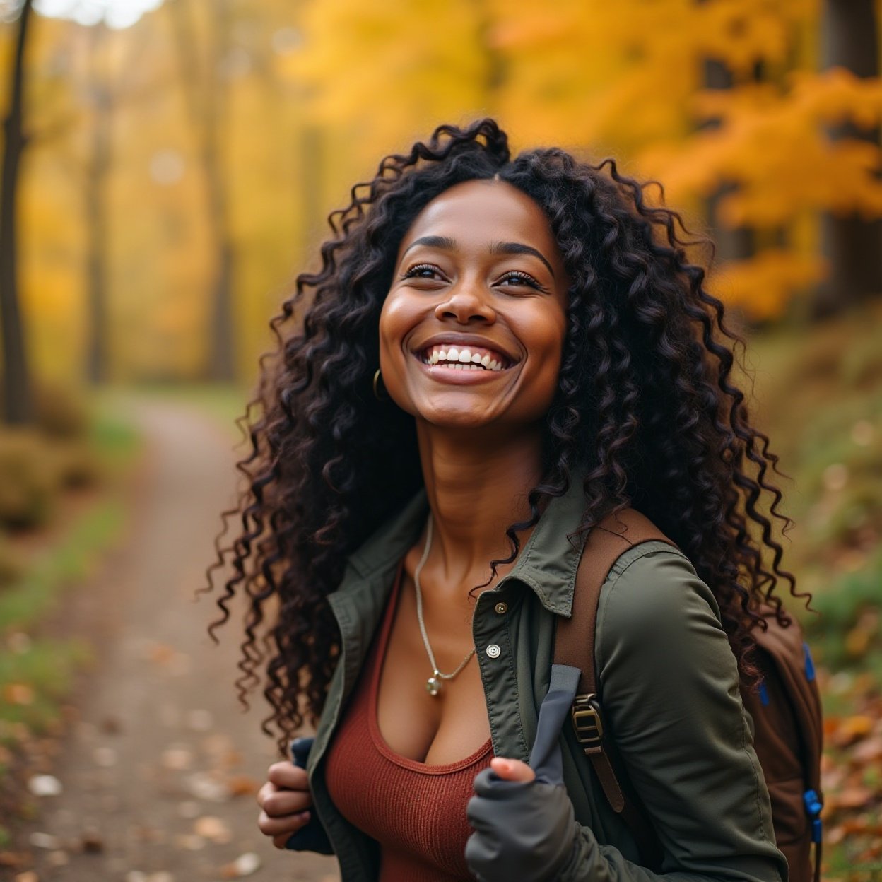 Close-up of a beautiful smiling black woman, long curly hair, beautiful breasts, hiking and contemplating a picturesque landscape of autumn foliage.