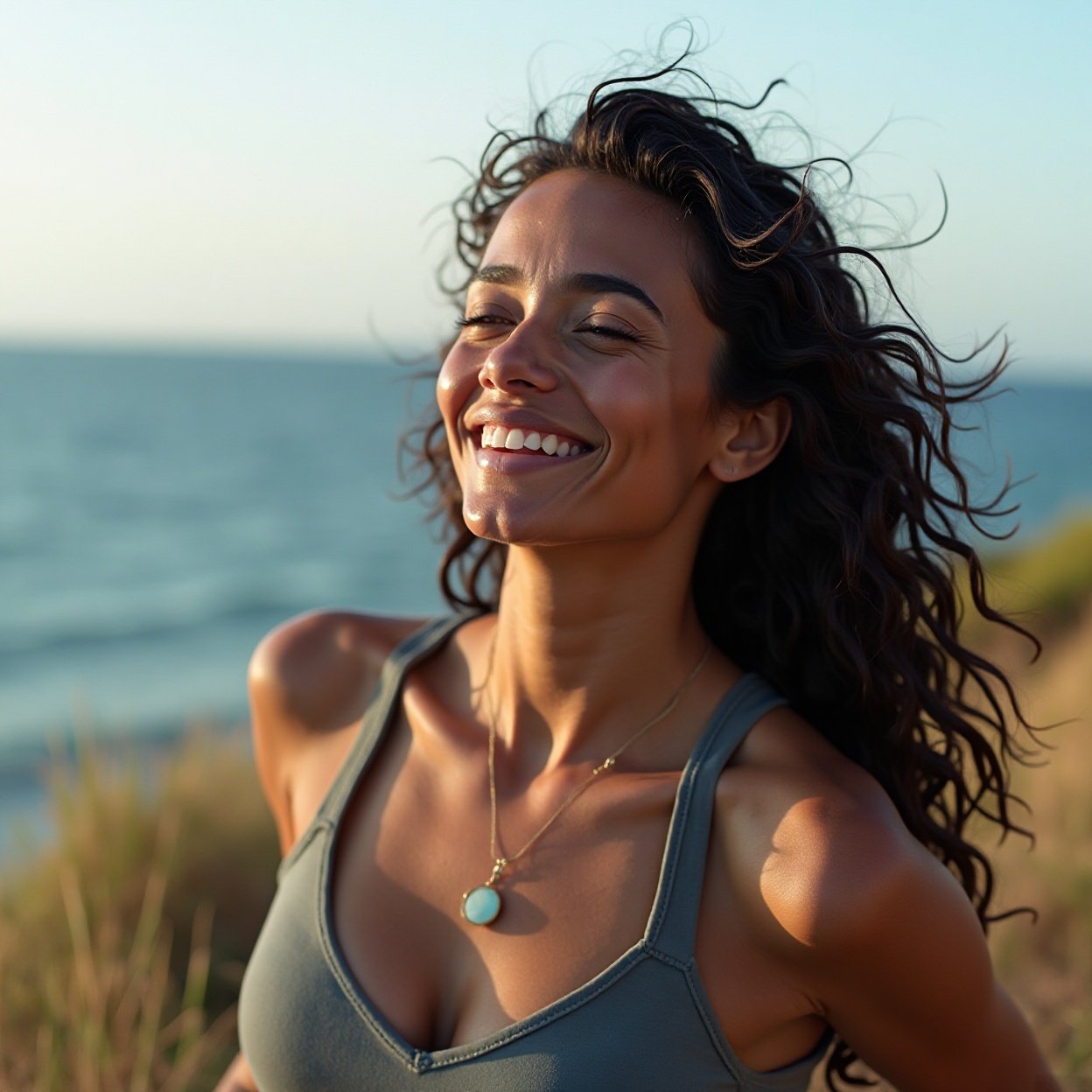 Close-up of a beautiful smiling black woman, long hair, beautiful breasts, hiking, enjoying the fresh air of nature, the slow pace of life and contemplation by the sea.