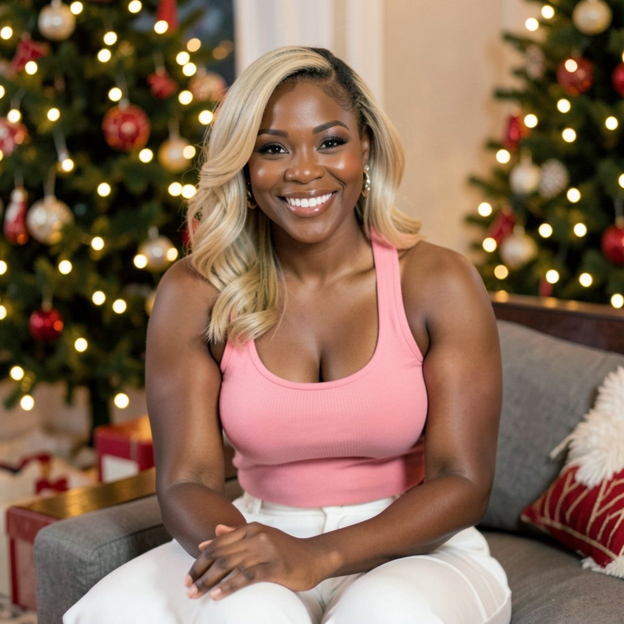 Close-up of a beautiful smiling black woman with blonde hair, a lovely bust, wearing a pink tank top and white pants, sitting indoors during the holiday season, with Christmas lights in the background.