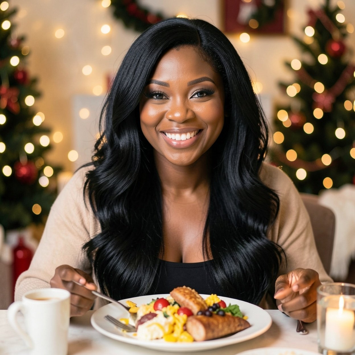 Close-up of a beautiful, smiling black woman with long black hair and a lovely figure, having breakfast on New Year's Day