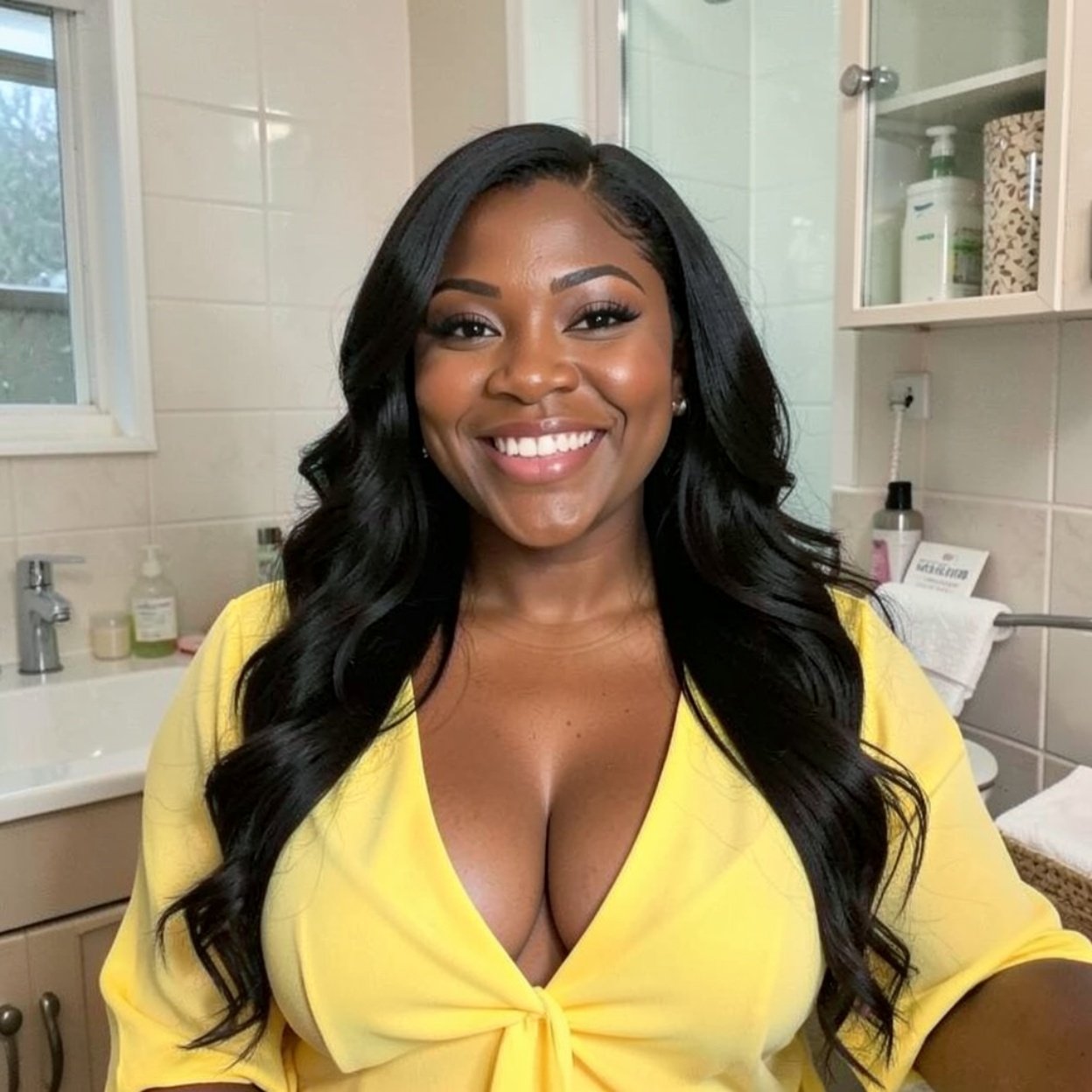 Close-up of a beautiful, smiling black woman with long hair, a lovely bust, and a bright yellow low-cut blouse, relaxing at home in her bathroom.
