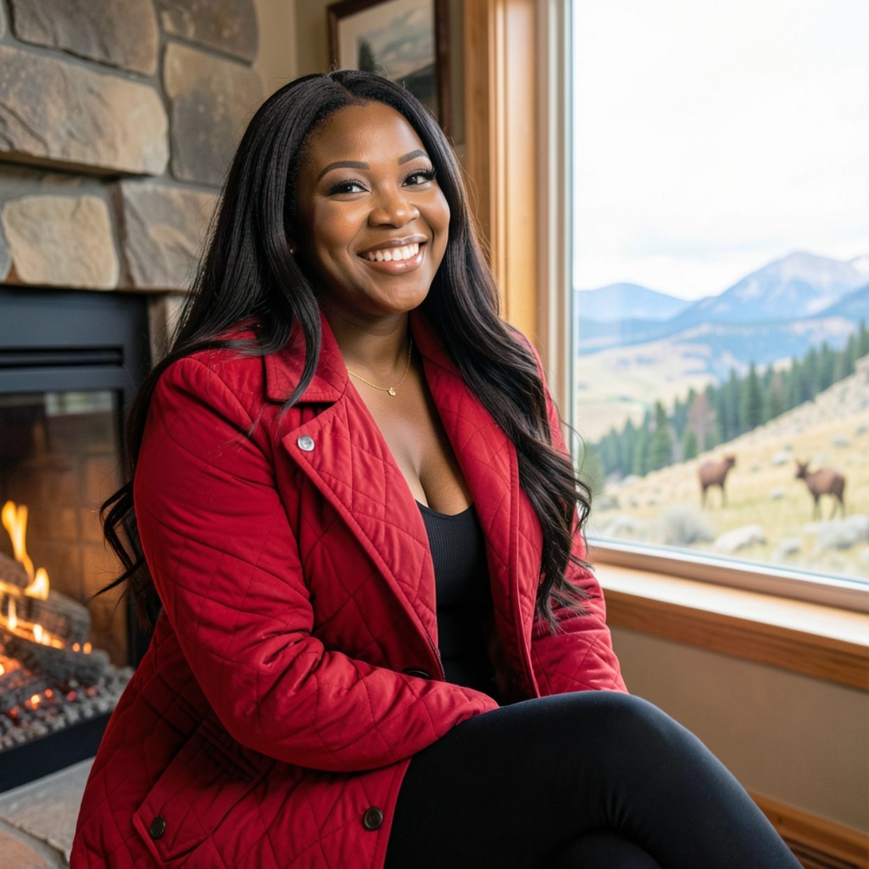 Close-up of a beautiful smiling black woman with long hair, a lovely bust, wearing a warmly dressed red quilted coat and black pants, sitting by the fireplace and admiring the magnificent view of the wildlife from the window.