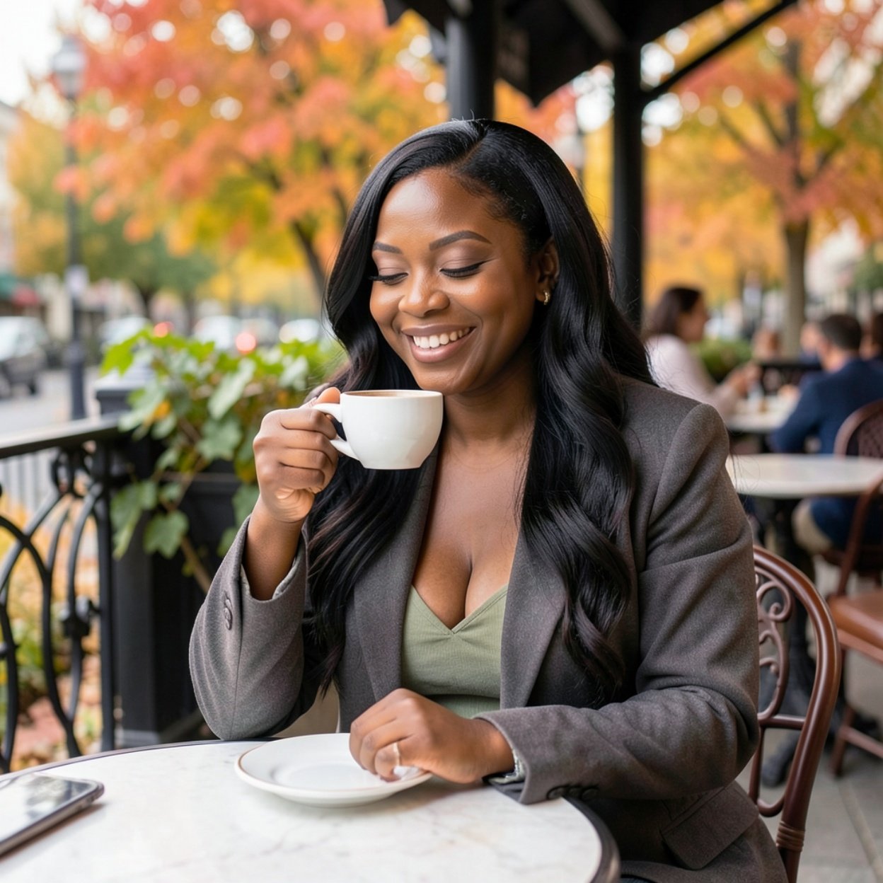 Close-up of a beautiful, smiling black woman with long hair, a lovely bust, well-dressed, drinking coffee on a cafe terrace in autumn.