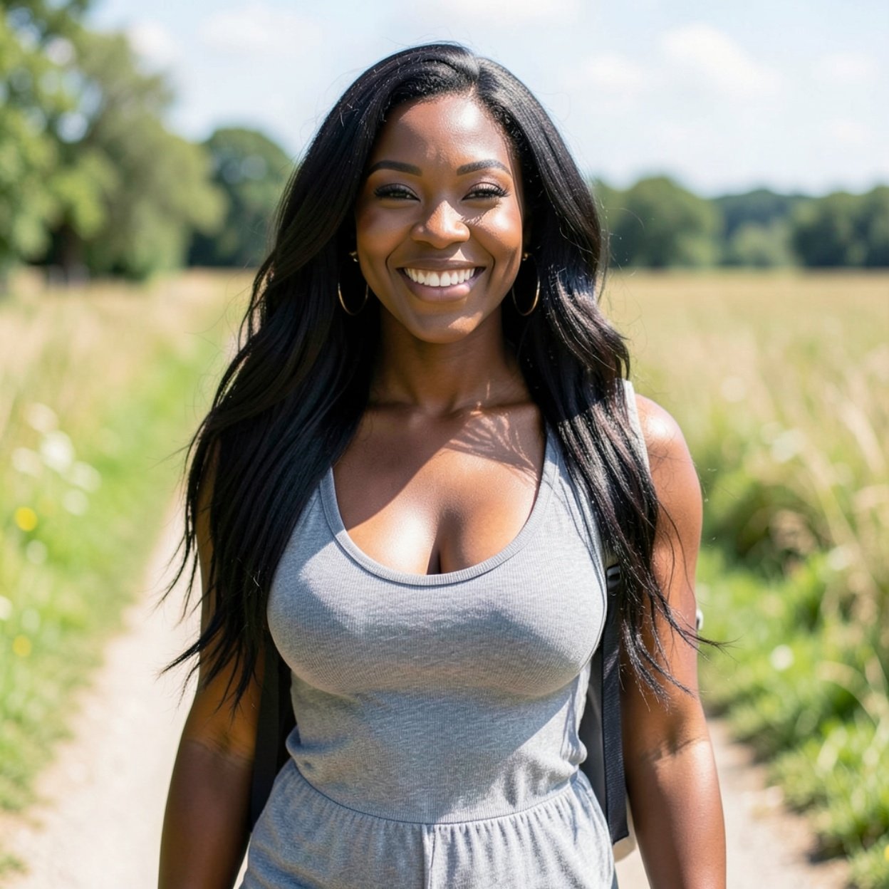 Close-up of a beautiful smiling black woman with long hair and a beautiful bust walking along a path in the countryside with her backpack.